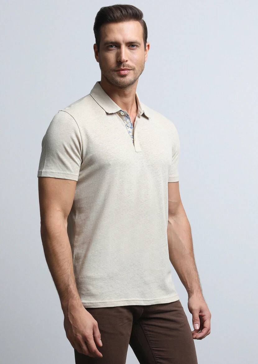 Bej Baskılı Polo Yaka Pamuk Karışımlı T-Shirt - 1