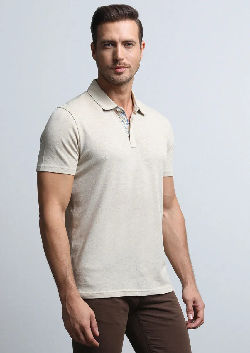 Bej Baskılı Polo Yaka Pamuk Karışımlı T-Shirt - 1