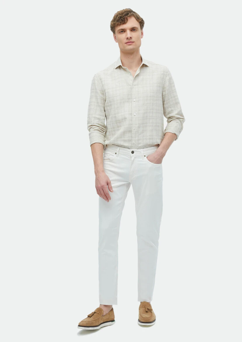 Bej Baskılı Regular Fit Dokuma Casual %100 Keten Gömlek 