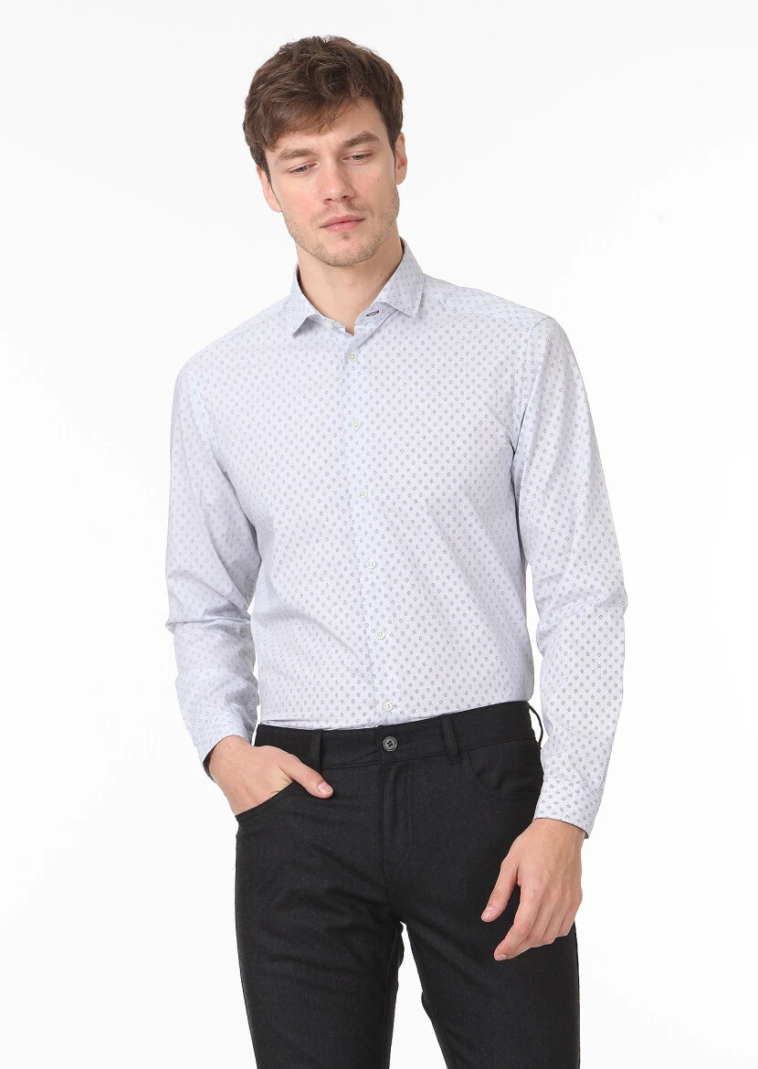Bej Baskılı Regular Fit Dokuma Casual %100 Pamuk Gömlek - 1