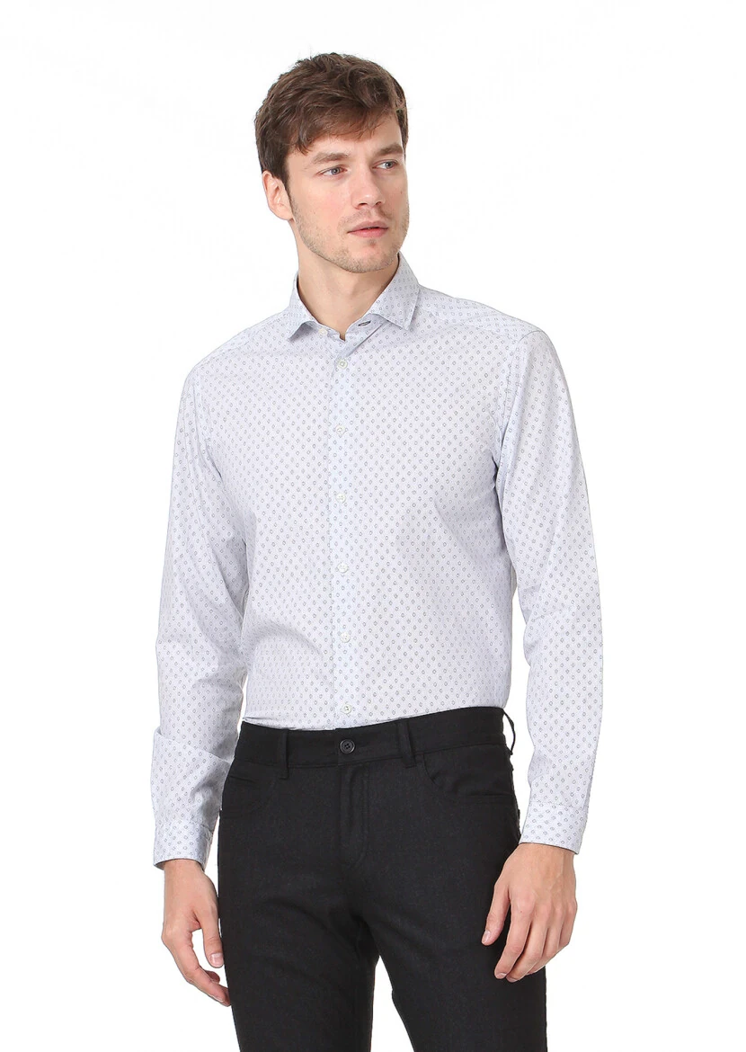 Bej Baskılı Regular Fit Dokuma Casual %100 Pamuk Gömlek - 3