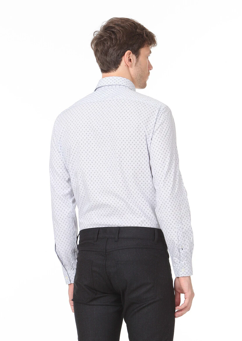 Bej Baskılı Regular Fit Dokuma Casual %100 Pamuk Gömlek - 4