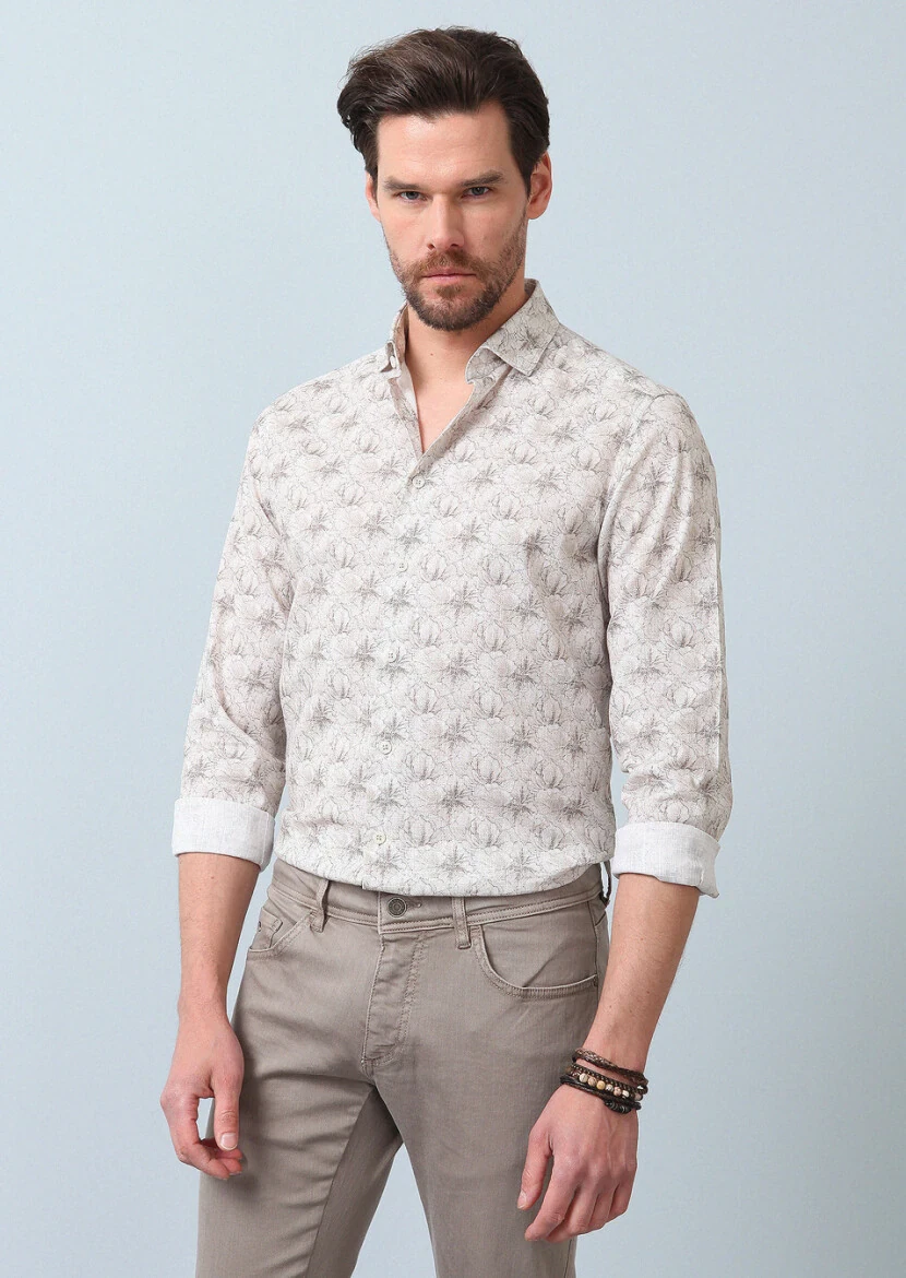 Bej Baskılı Regular Fit Dokuma Casual %100 Pamuk Gömlek 