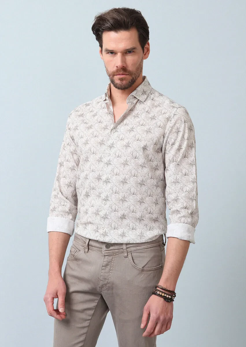 Bej Baskılı Regular Fit Dokuma Casual %100 Pamuk Gömlek - 2