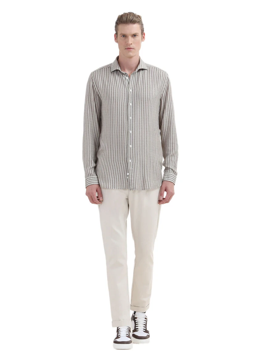 Bej Baskılı Regular Fit Dokuma Casual Gömlek - RAMSEY