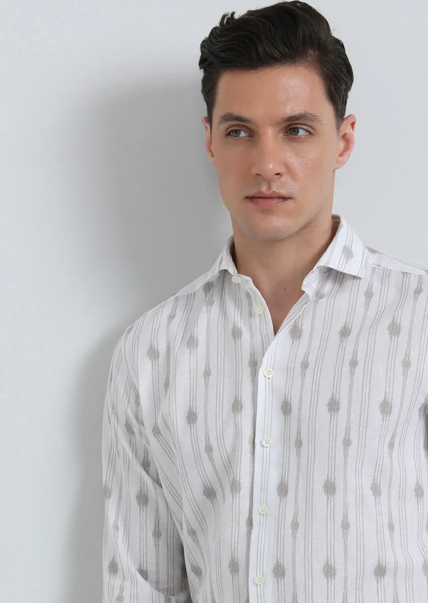 Bej Baskılı Regular Fit Dokuma Casual Pamuk Karışımlı Gömlek - 2