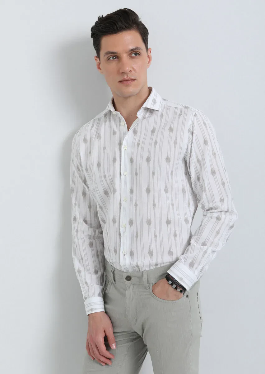 Bej Baskılı Regular Fit Dokuma Casual Pamuk Karışımlı Gömlek - 3