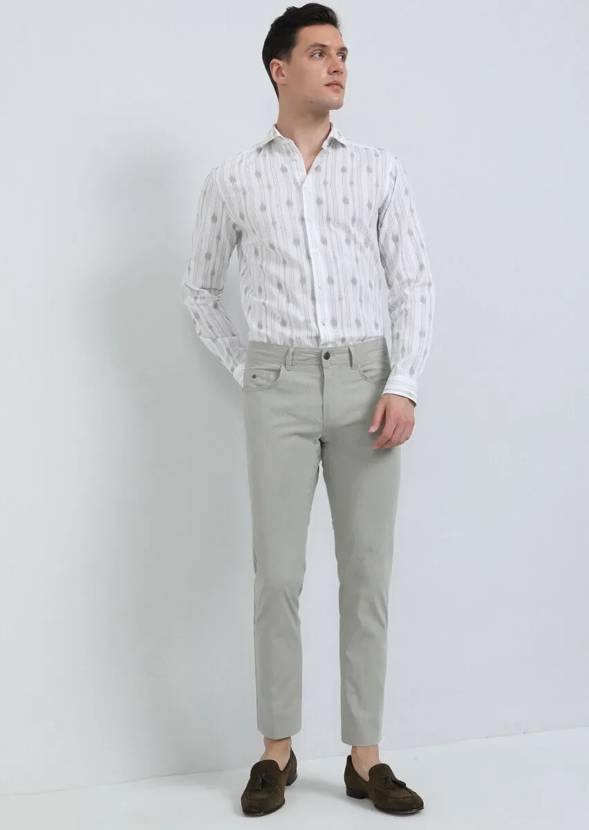 Bej Baskılı Regular Fit Dokuma Casual Pamuk Karışımlı Gömlek - 4