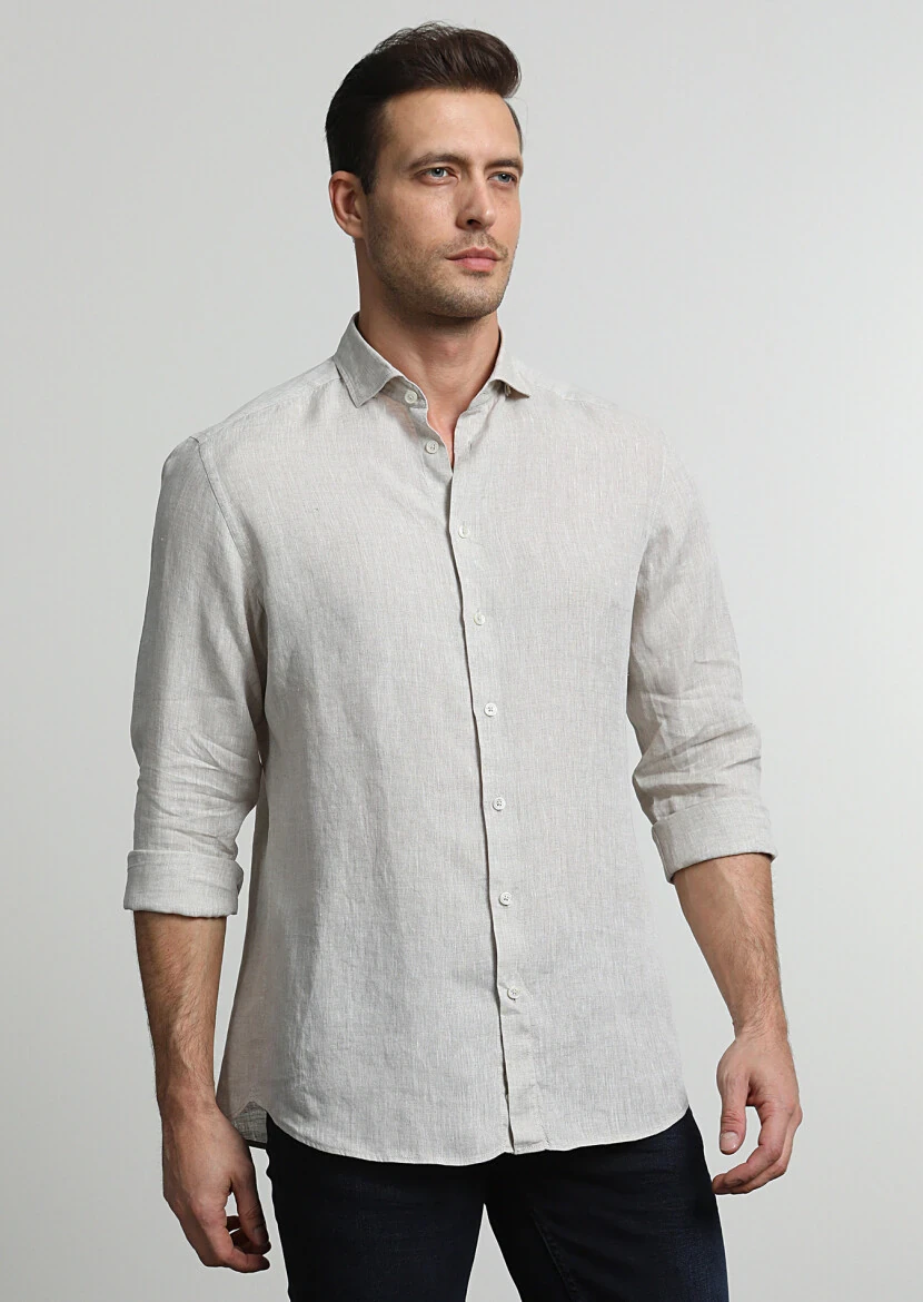 Bej Baskılı Slim Fit Dokuma Casual %100 Keten Gömlek - 1