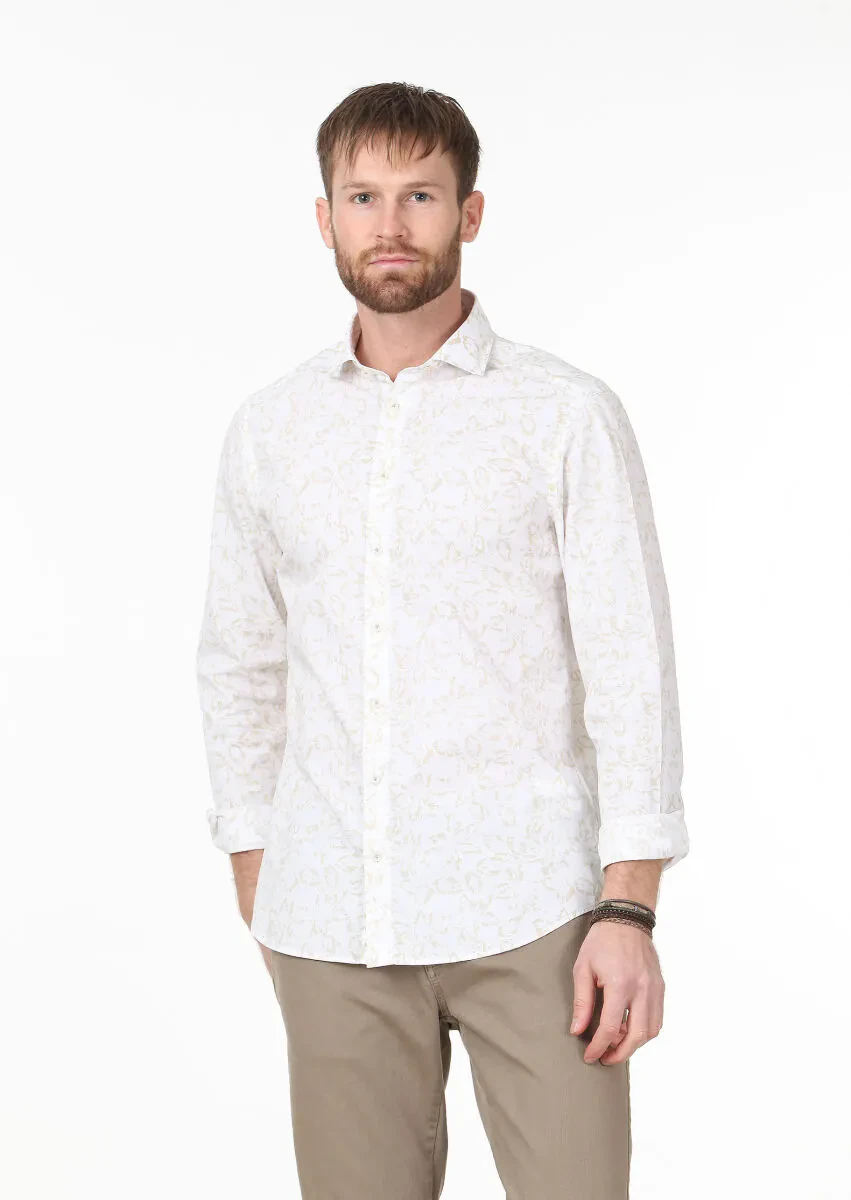 Bej Baskılı Slim Fit Dokuma Casual %100 Pamuk Gömlek - 1