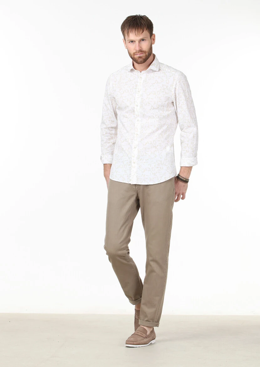 Bej Baskılı Slim Fit Dokuma Casual %100 Pamuk Gömlek - 2