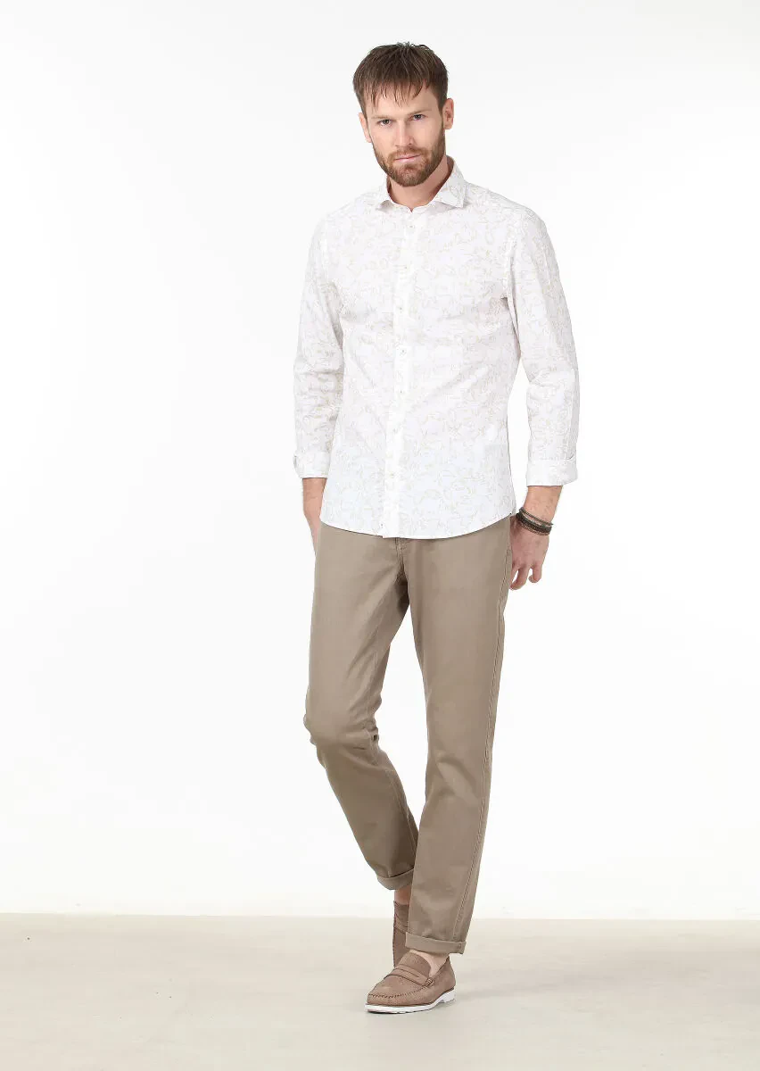 Bej Baskılı Slim Fit Dokuma Casual %100 Pamuk Gömlek - 2