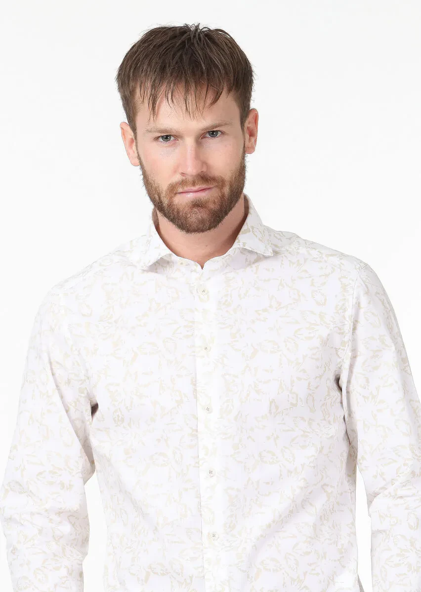 Bej Baskılı Slim Fit Dokuma Casual %100 Pamuk Gömlek - 3