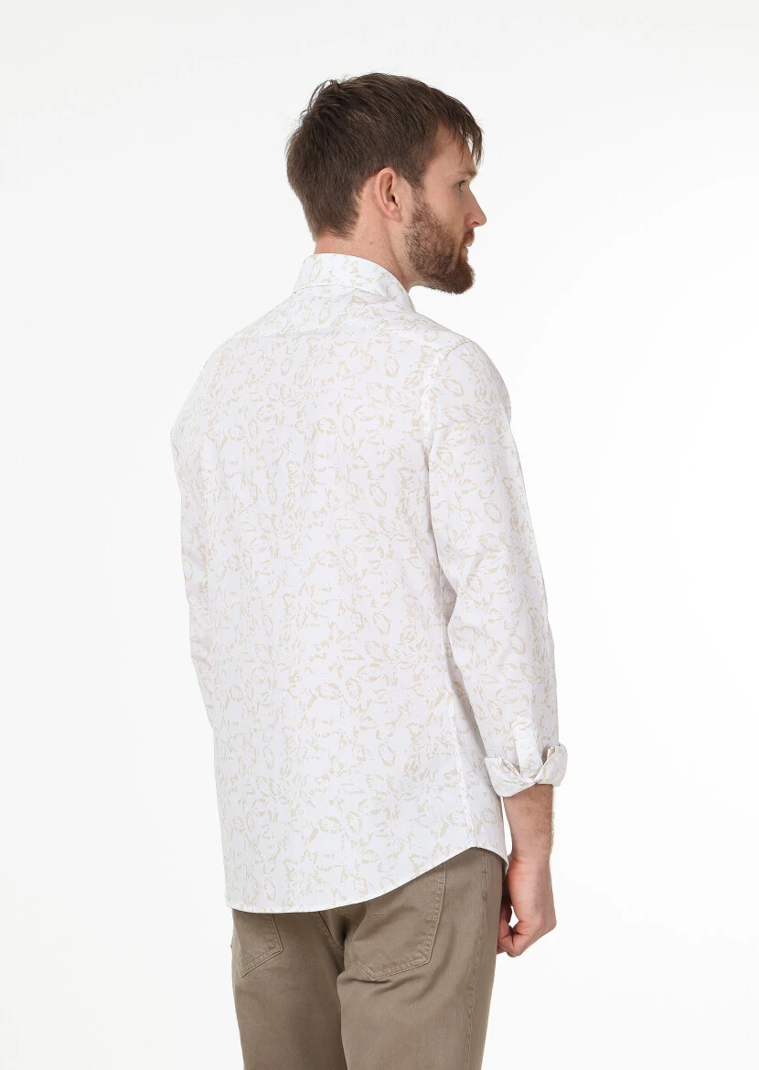 Bej Baskılı Slim Fit Dokuma Casual %100 Pamuk Gömlek - 4