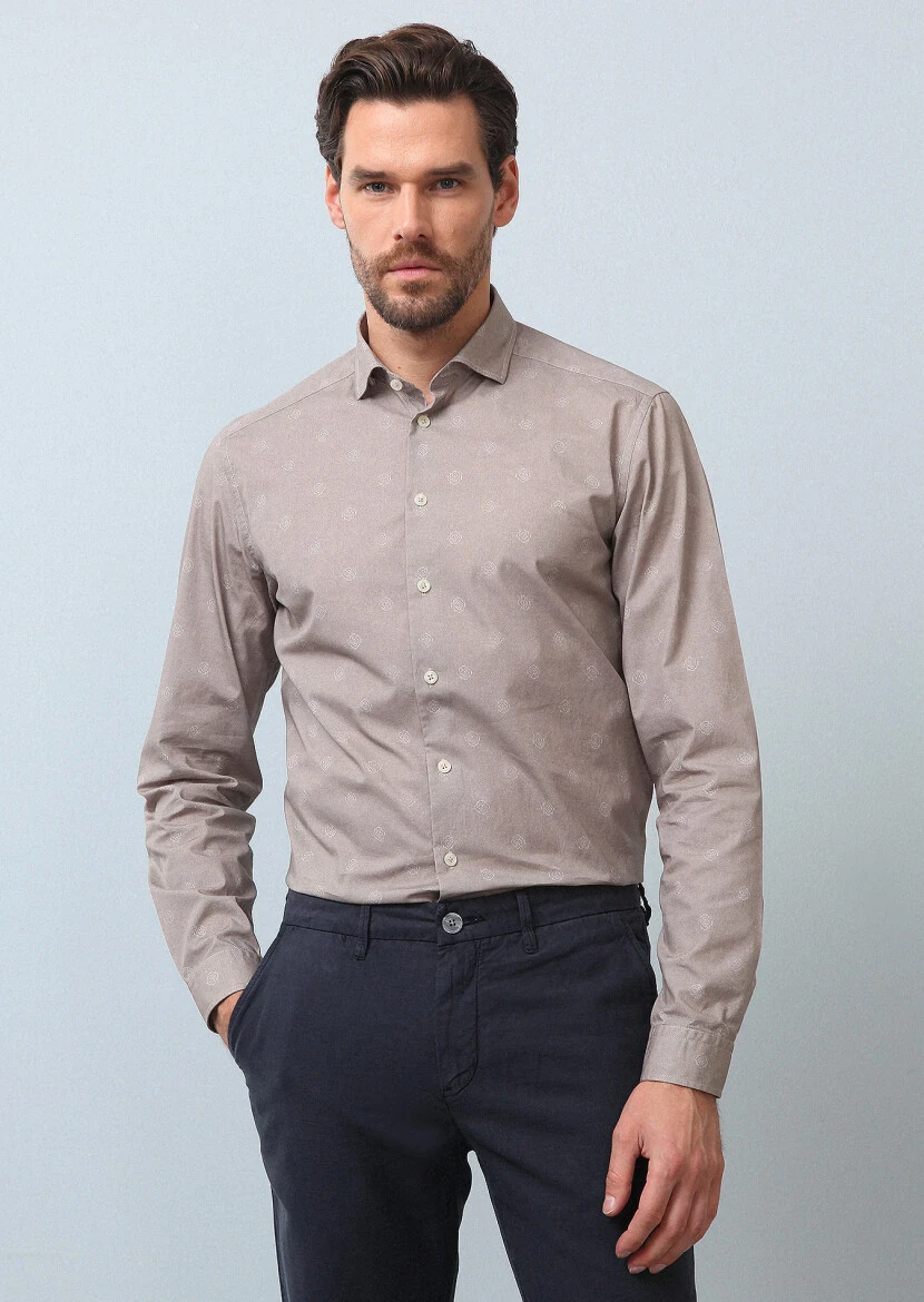 Bej Baskılı Slim Fit Dokuma Casual %100 Pamuk Gömlek - 1