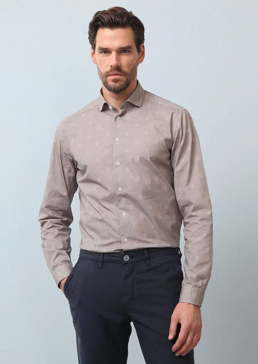Bej Baskılı Slim Fit Dokuma Casual %100 Pamuk Gömlek - 1
