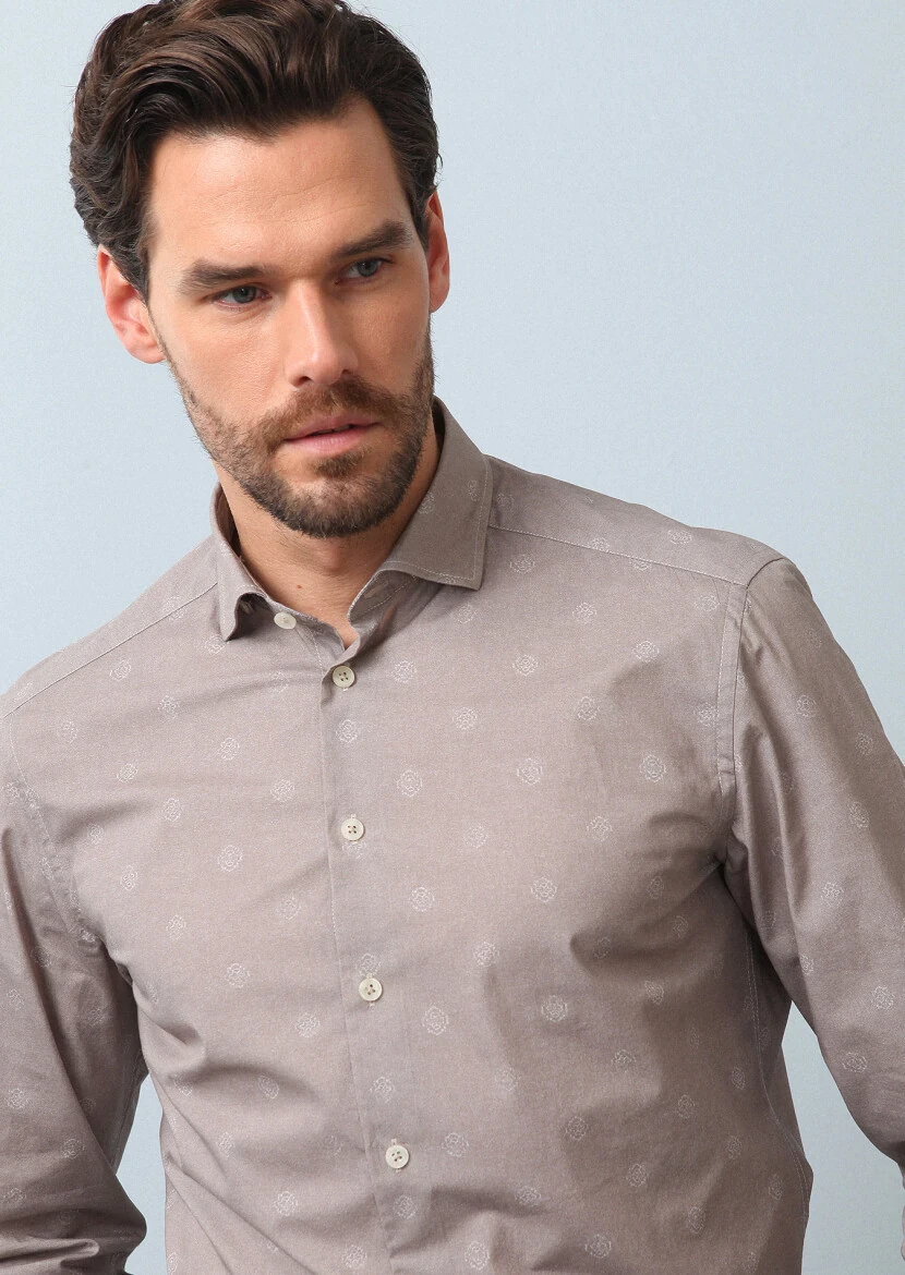 Bej Baskılı Slim Fit Dokuma Casual %100 Pamuk Gömlek - 2