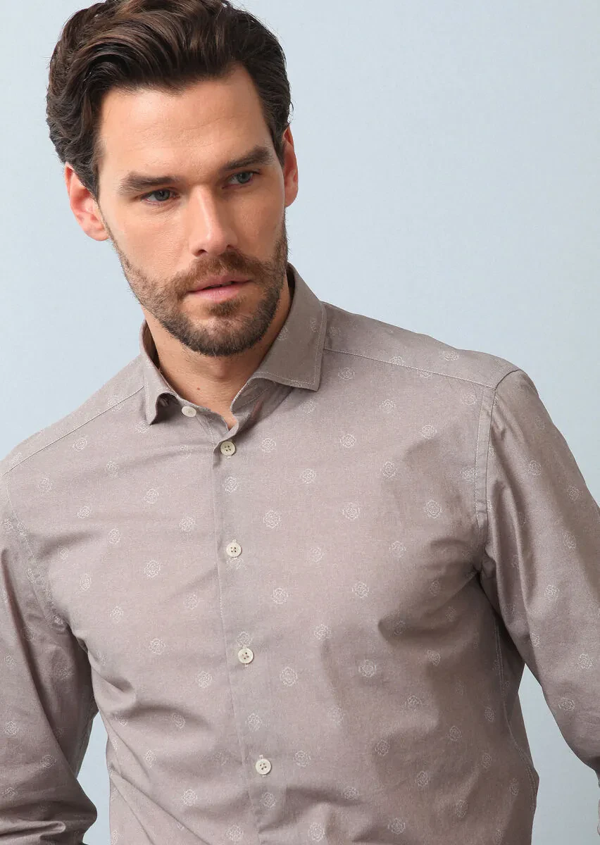 Bej Baskılı Slim Fit Dokuma Casual %100 Pamuk Gömlek - 2