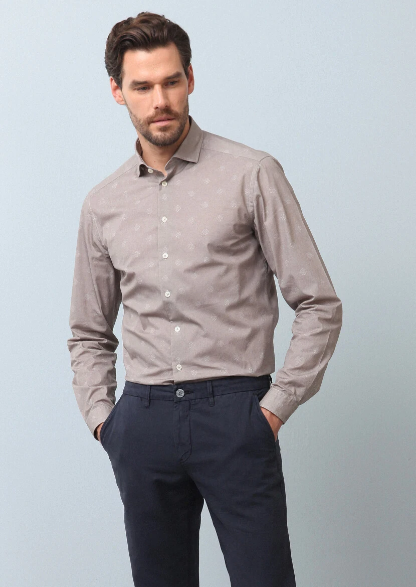 Bej Baskılı Slim Fit Dokuma Casual %100 Pamuk Gömlek - 4