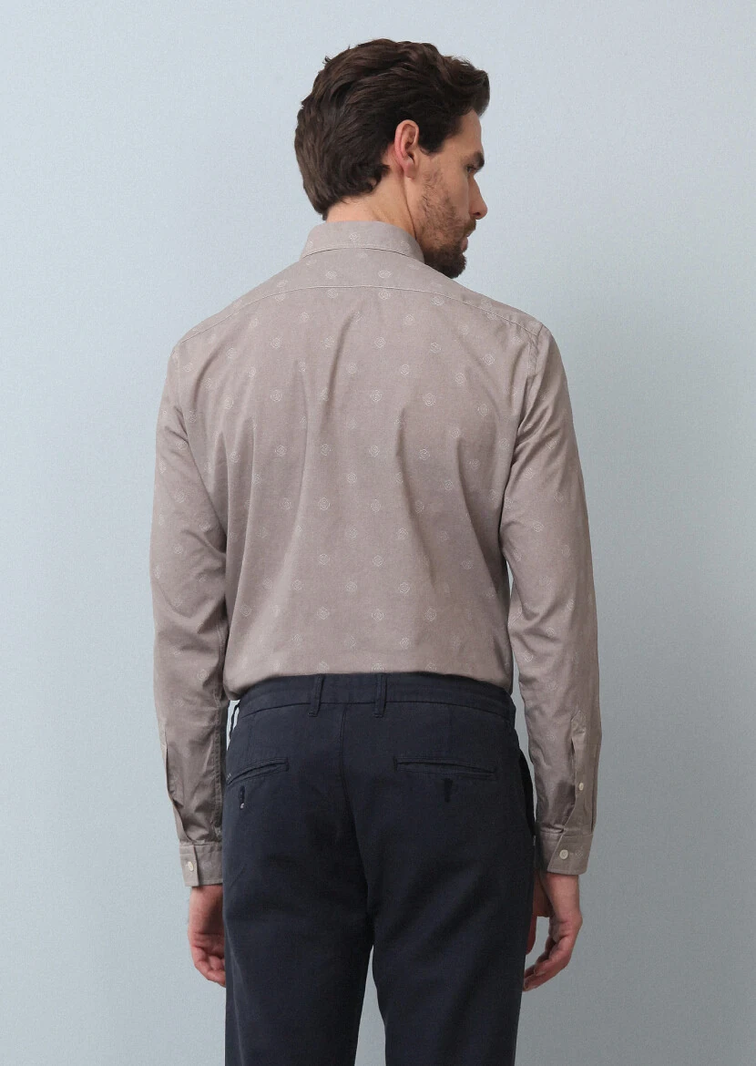 Bej Baskılı Slim Fit Dokuma Casual %100 Pamuk Gömlek - 5