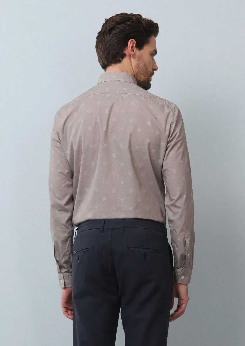 Bej Baskılı Slim Fit Dokuma Casual %100 Pamuk Gömlek - 5