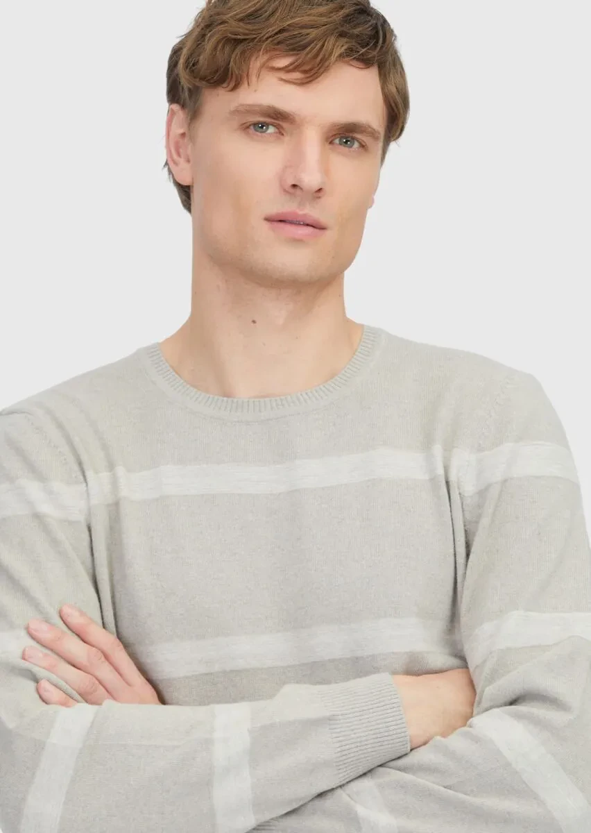 Bej Bisiklet Yaka Çizgili Yün Karışımlı Triko Kazak - 3