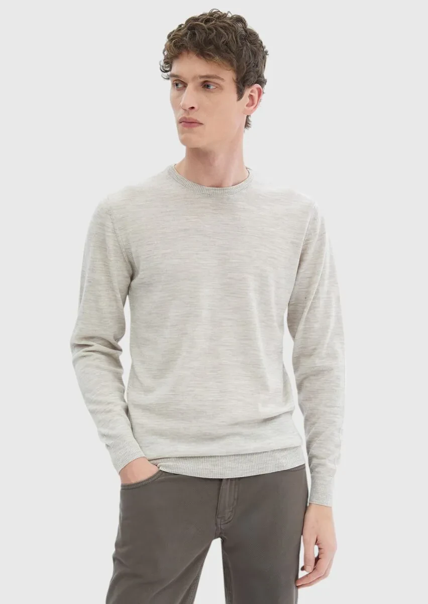 Bej Bisiklet Yaka Düz Örgü %100 Yün Triko Kazak - 1