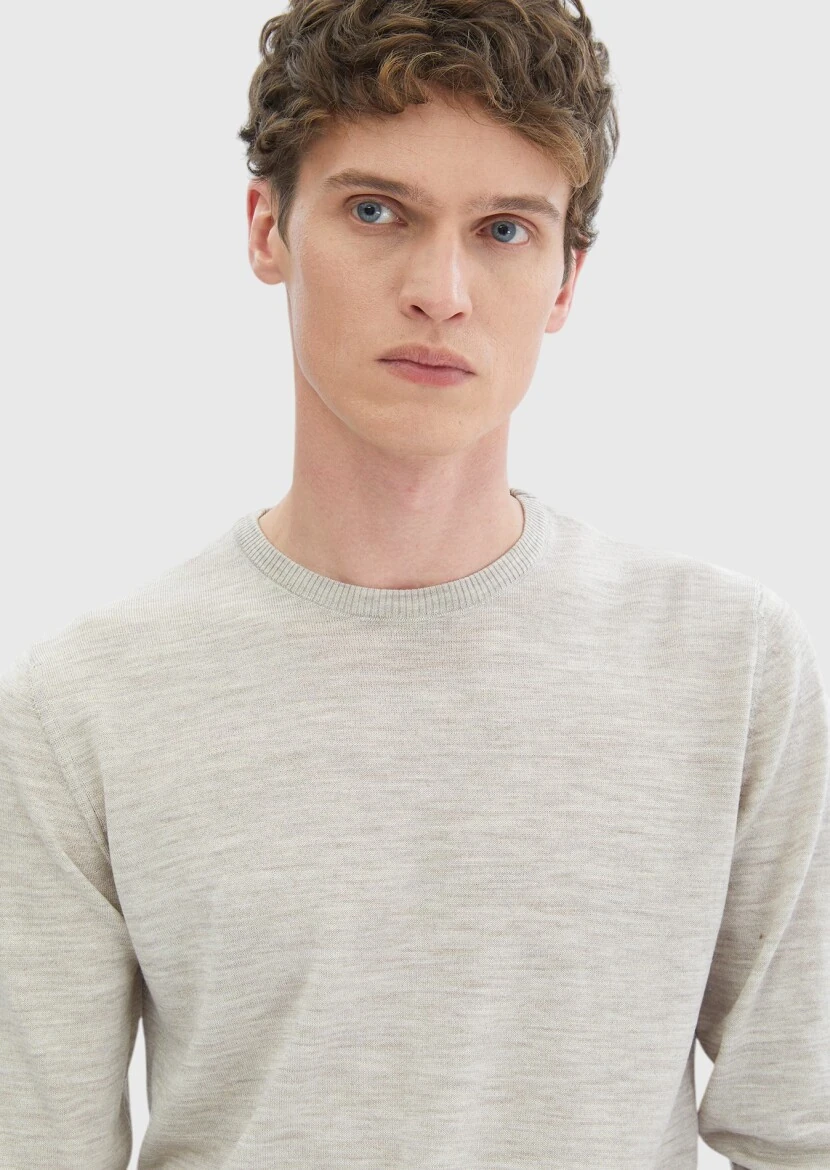 Bej Bisiklet Yaka Düz Örgü %100 Yün Triko Kazak - 3