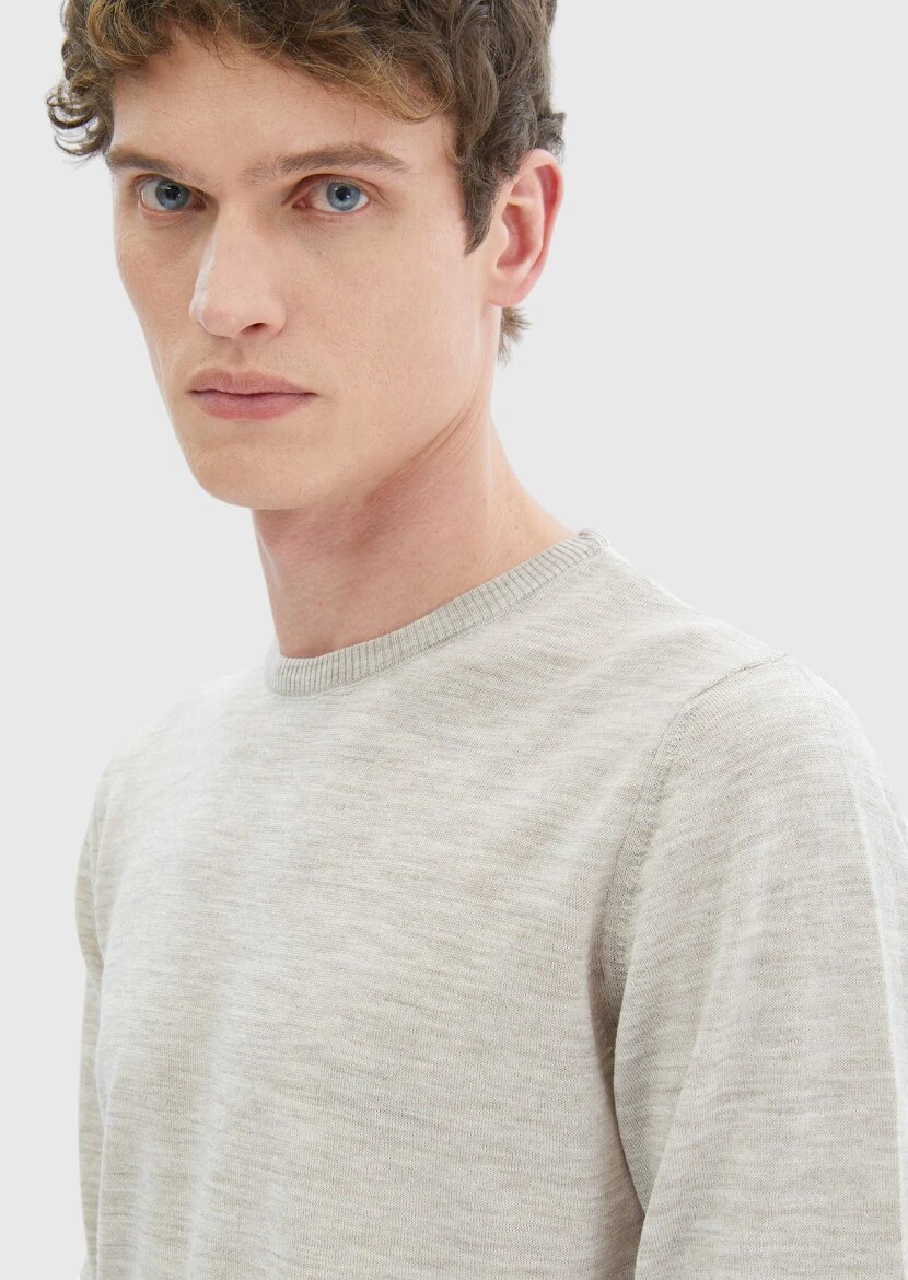 Bej Bisiklet Yaka Düz Örgü %100 Yün Triko Kazak - 4