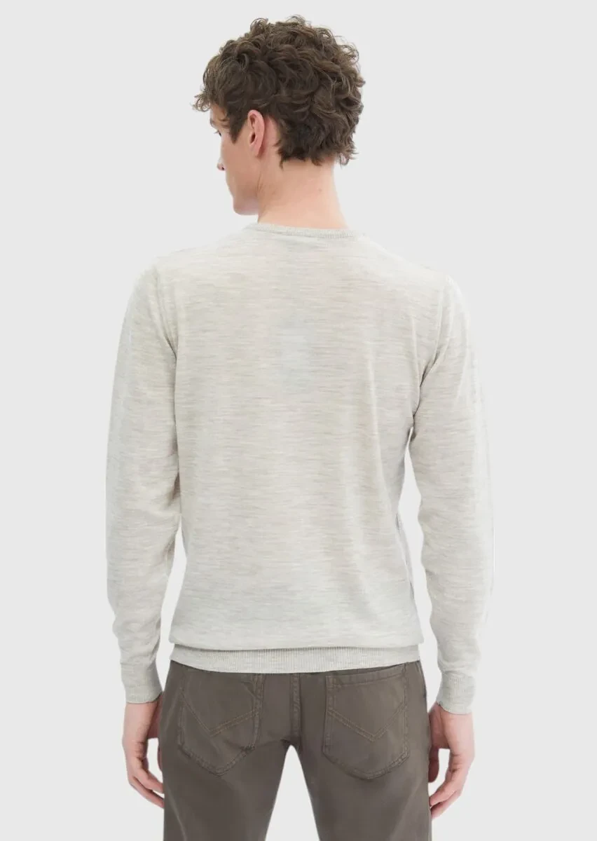 Bej Bisiklet Yaka Düz Örgü %100 Yün Triko Kazak - 5