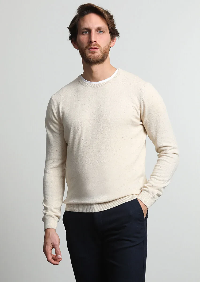 Bej Bisiklet Yaka Düz Örgü İpek Karışımlı Triko Kazak - 1