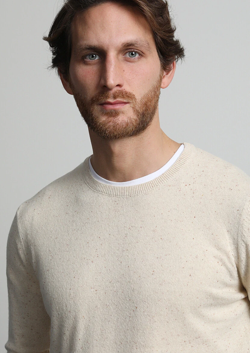 Bej Bisiklet Yaka Düz Örgü İpek Karışımlı Triko Kazak - 2