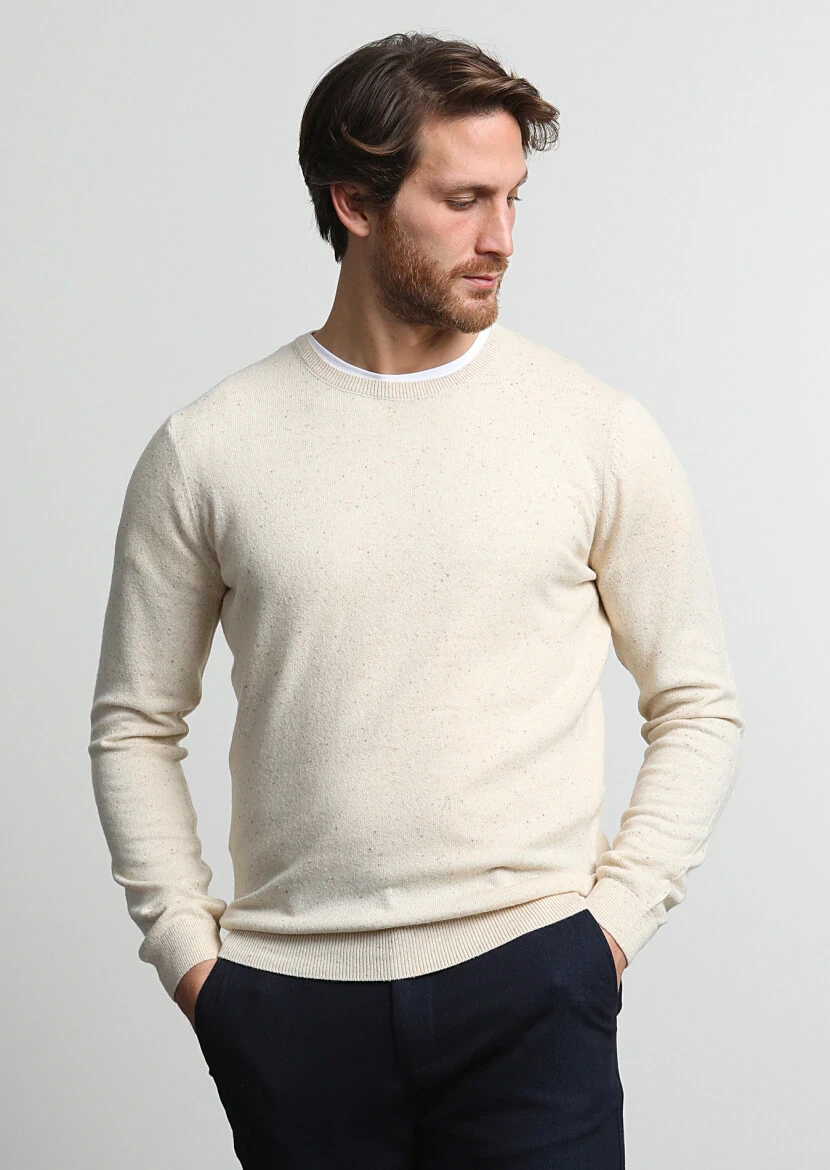 Bej Bisiklet Yaka Düz Örgü İpek Karışımlı Triko Kazak - 3