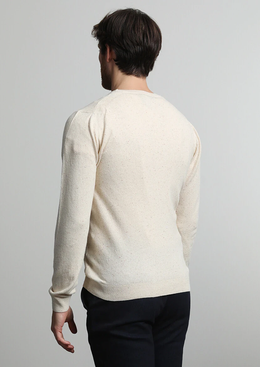 Bej Bisiklet Yaka Düz Örgü İpek Karışımlı Triko Kazak - 4