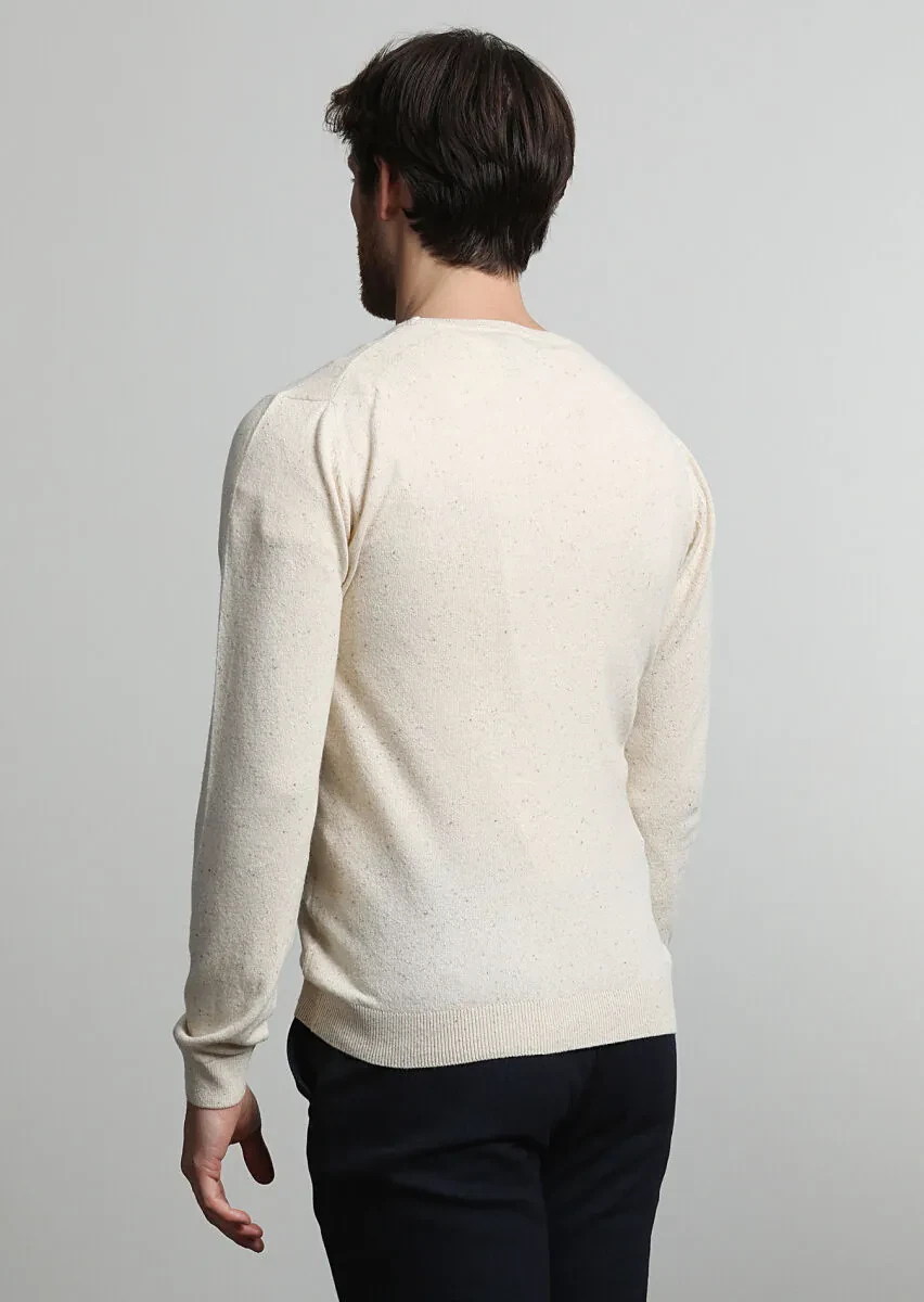 Bej Bisiklet Yaka Düz Örgü İpek Karışımlı Triko Kazak - 4