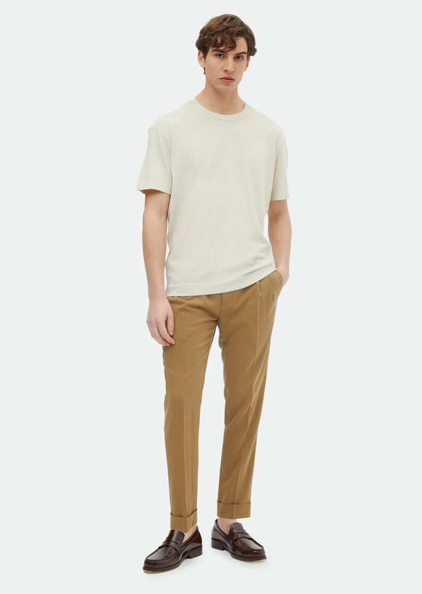 Bej Bisiklet Yaka Düz Örgü Triko 