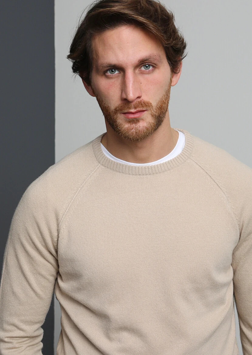 Bej Bisiklet Yaka Düz Örgü Yün Karışımlı Triko Kazak - 3