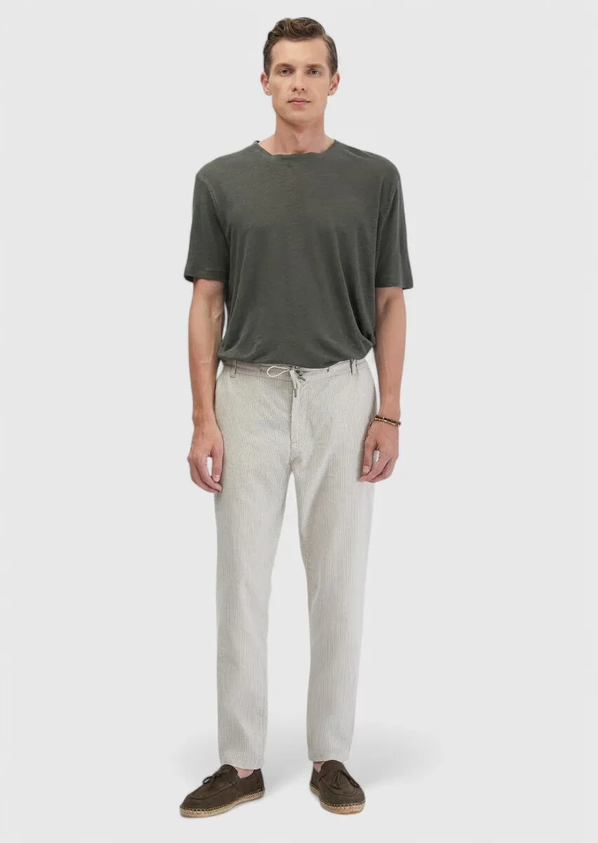 Bej Çizgili Dokuma Jogging Fit Casual Pamuk Karışımlı Pantolon - 1