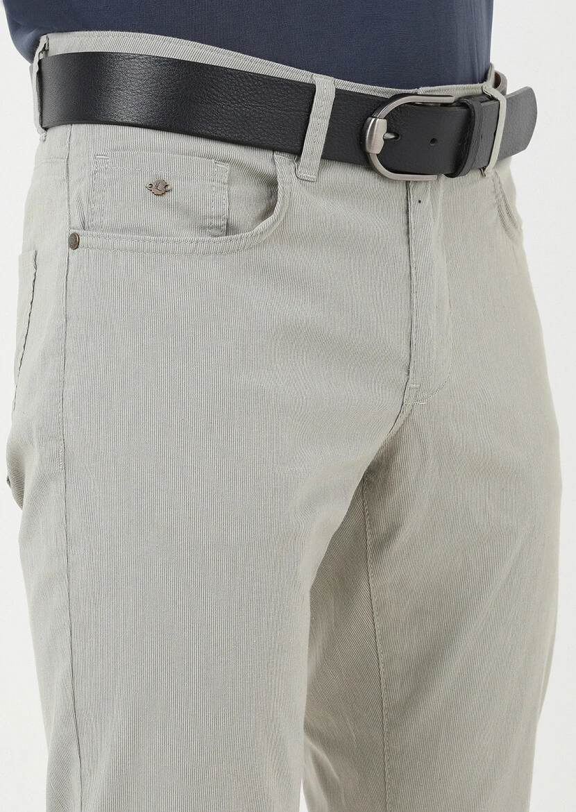 Bej Çizgili Dokuma Slim Fit Casual Pamuk Karışımlı Pantolon - 2