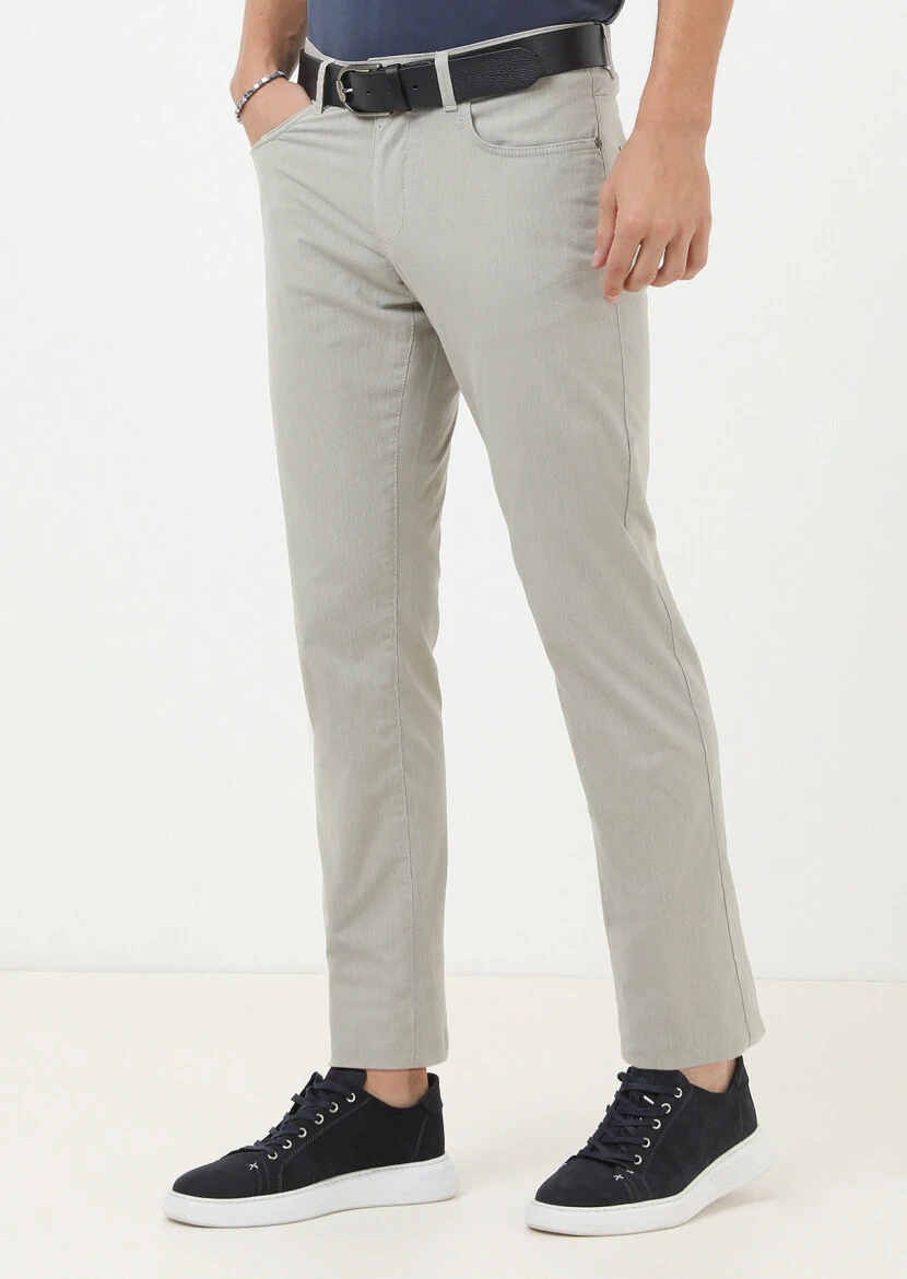 Bej Çizgili Dokuma Slim Fit Casual Pamuk Karışımlı Pantolon - 3