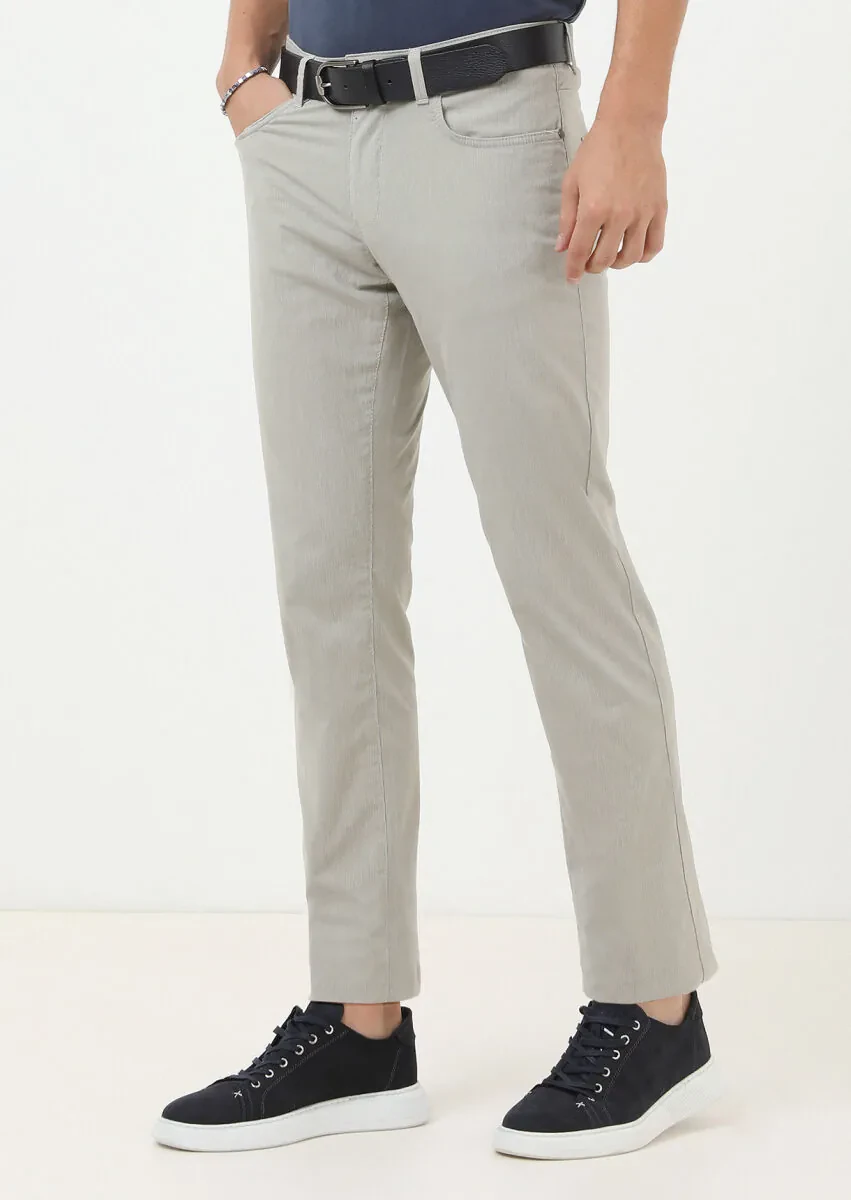 Bej Çizgili Dokuma Slim Fit Casual Pamuk Karışımlı Pantolon - 3