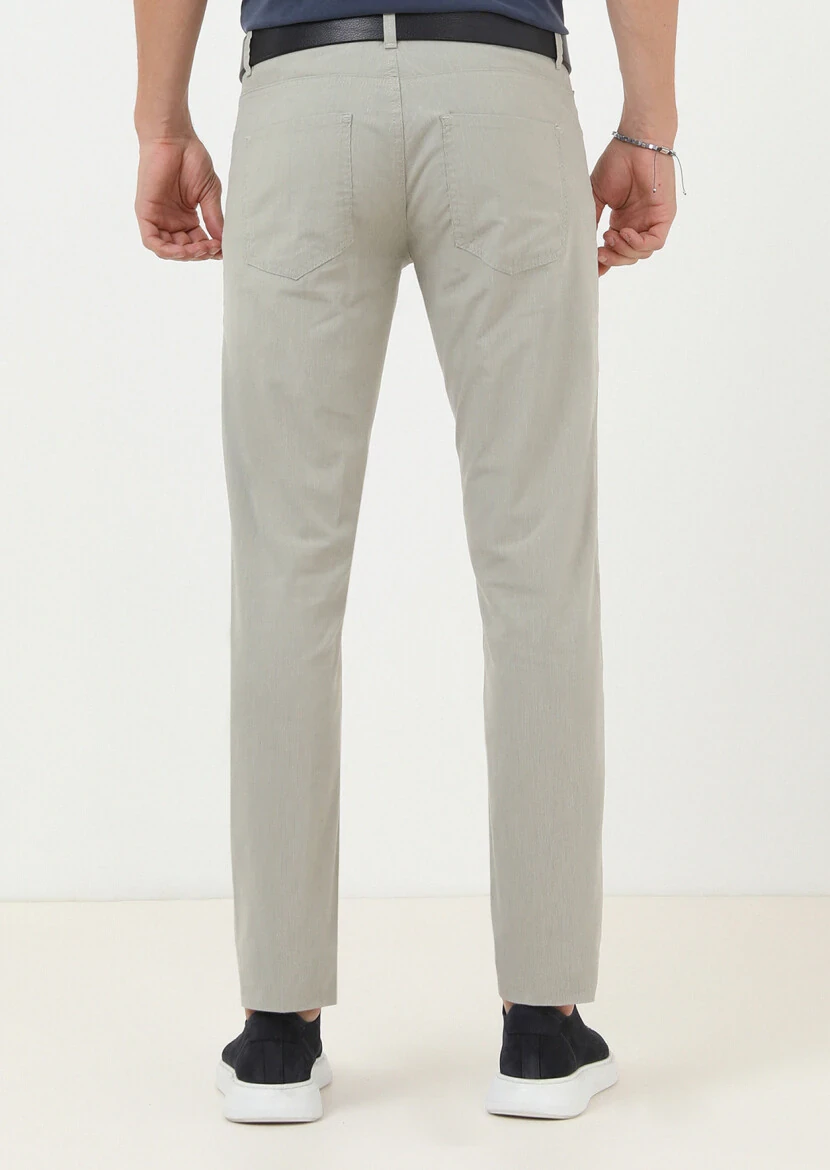 Bej Çizgili Dokuma Slim Fit Casual Pamuk Karışımlı Pantolon - 4