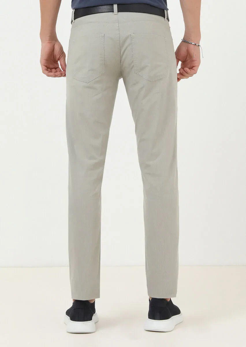 Bej Çizgili Dokuma Slim Fit Casual Pamuk Karışımlı Pantolon - 4