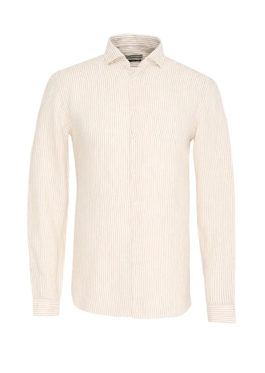 Bej Çizgili Regular Fit Dokuma Casual %100 Keten Gömlek - 1