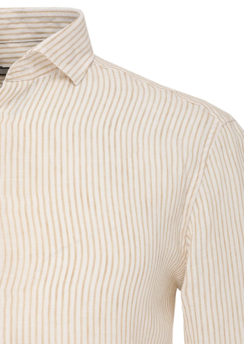 Bej Çizgili Regular Fit Dokuma Casual %100 Keten Gömlek 