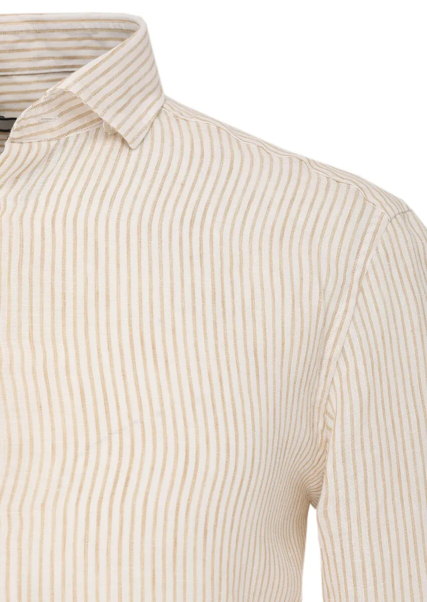 Bej Çizgili Regular Fit Dokuma Casual %100 Keten Gömlek - 2