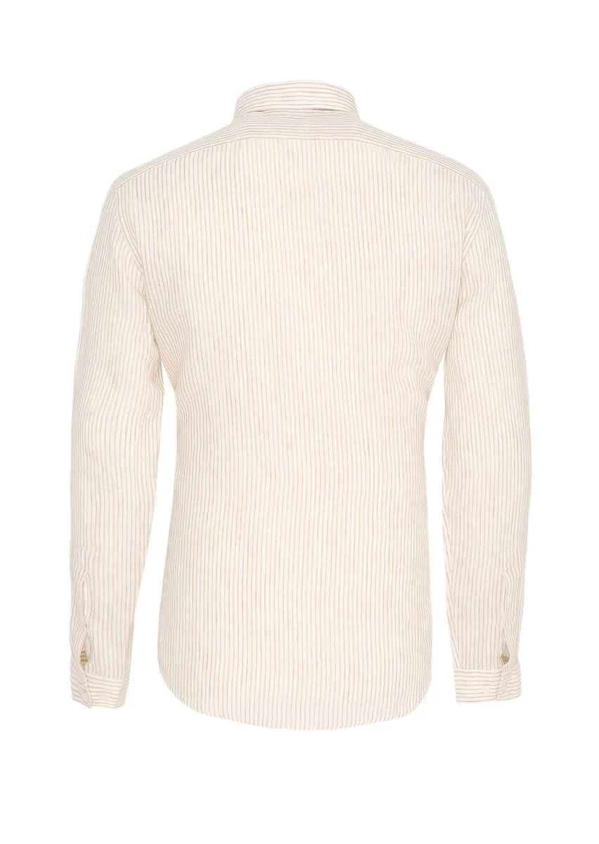 Bej Çizgili Regular Fit Dokuma Casual %100 Keten Gömlek - 6