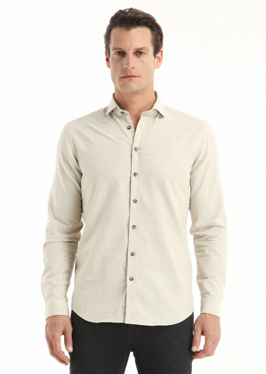 Bej Çizgili Regular Fit Dokuma Casual %100 Pamuk Gömlek - 2