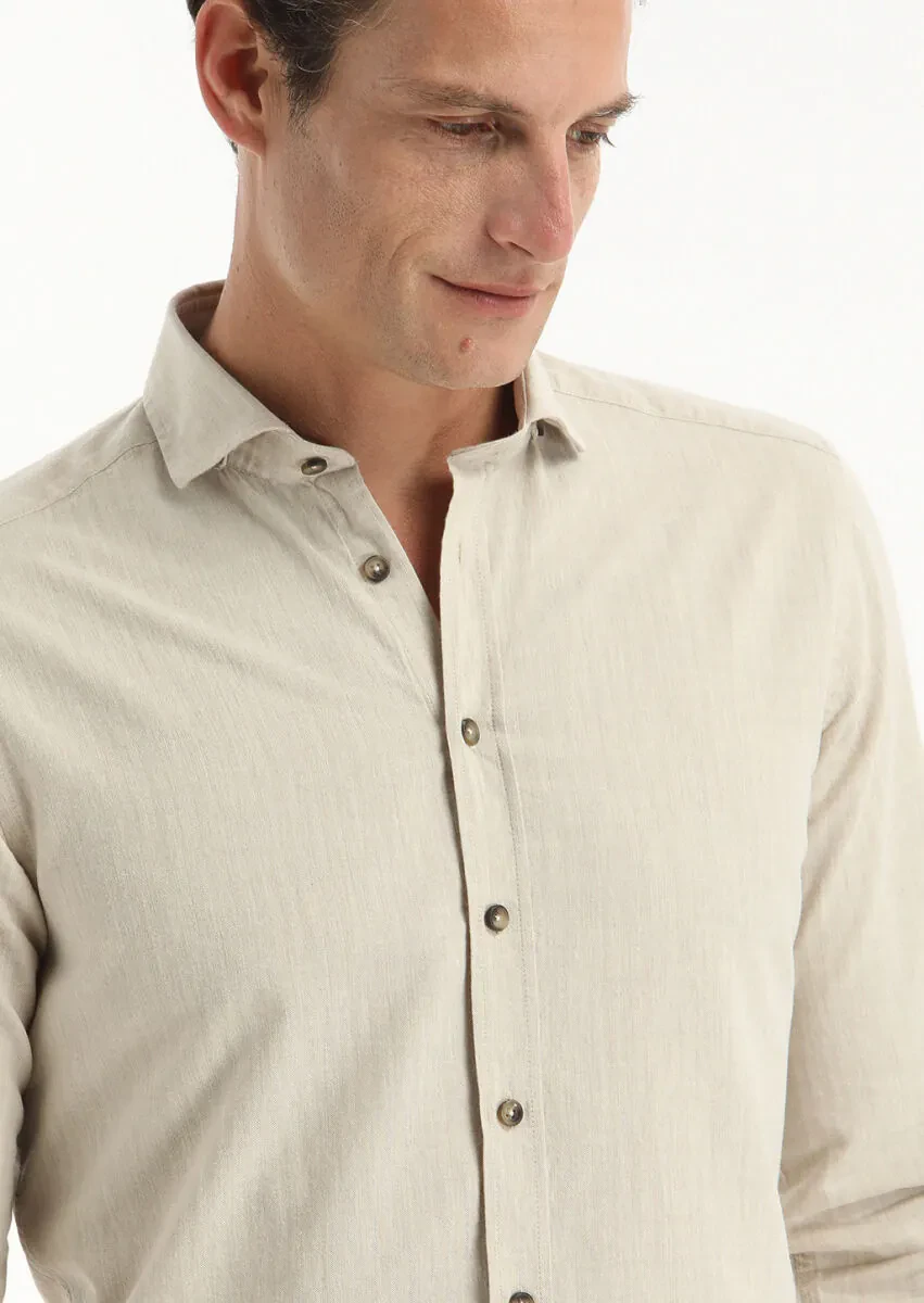 Bej Çizgili Regular Fit Dokuma Casual %100 Pamuk Gömlek - 3