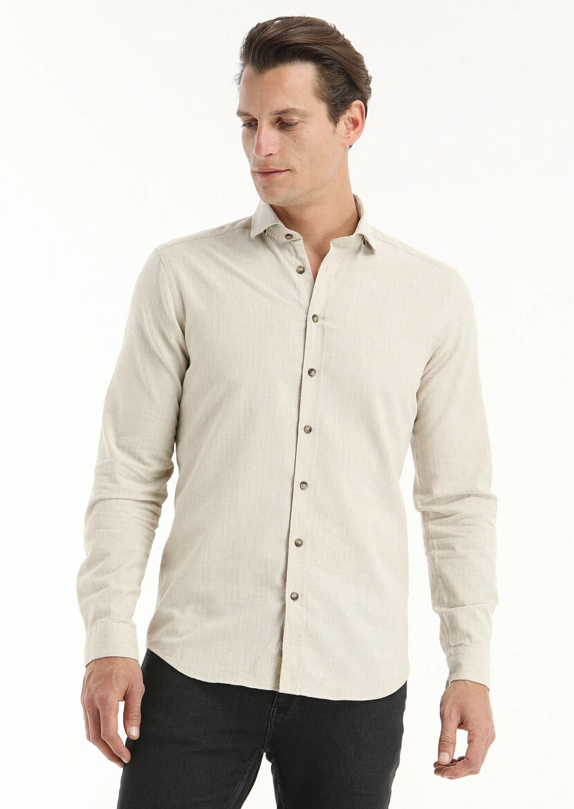 Bej Çizgili Regular Fit Dokuma Casual %100 Pamuk Gömlek - 4